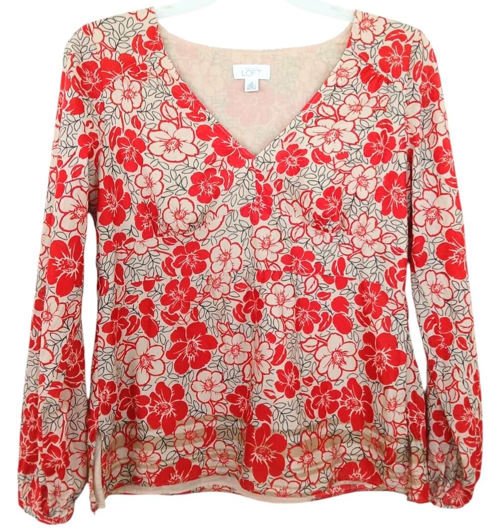 Loft Womens Top Sz 12 Cotton Floral Red Tan Black V Neck Cottage Boho Career